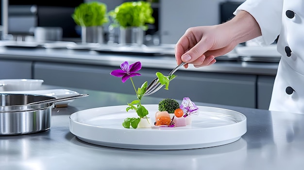 kucharz przy kuchence z pastelowym talerzem